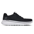 Black running shoe with white sole on a white background