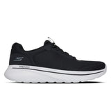 Black running shoe with white sole on a white background