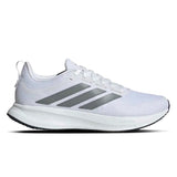 White running shoe with three gray stripes on a white background