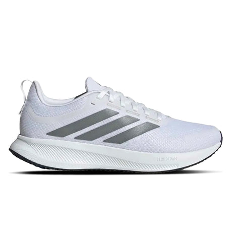 White running shoe with three gray stripes on a white background