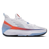 White athletic shoe with red and blue accents on a white background