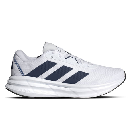 White running shoe with blue stripes on a white background