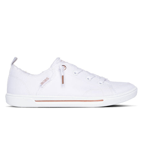 White sneaker with a subtle brown line on a white background