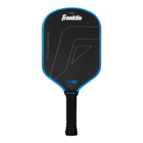 Black and blue pickleball paddle with Franklin branding on a white background