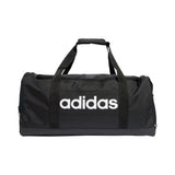 Black duffel bag with Adidas logo on a white background