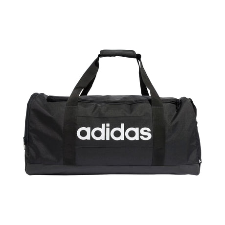 Black duffel bag with Adidas logo on a white background