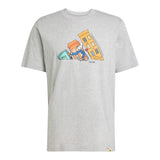 Gray t-shirt with a colorful graphic on a white background