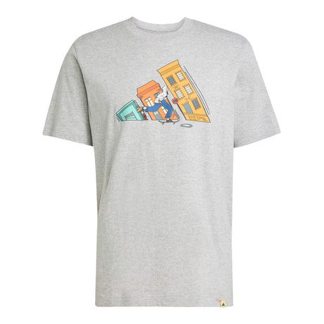 Gray t-shirt with a colorful graphic on a white background