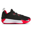 Black and red sneaker with white sole on a white background
