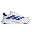White running shoe with blue stripes on a white background