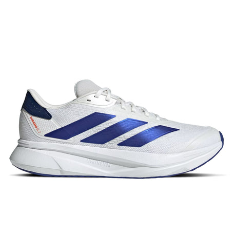 White running shoe with blue stripes on a white background