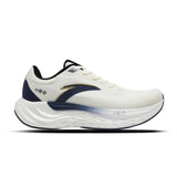 White running shoe with blue accents on a white background