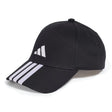 Black Adidas cap with three white stripes on a white background