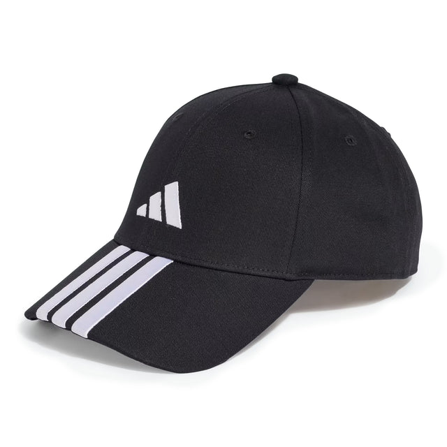 Black Adidas cap with three white stripes on a white background
