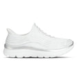 White athletic shoe with a silver sole on a white background
