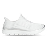 White athletic shoe with a silver sole on a white background