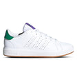 White Adidas sneaker with green and purple accents on a white background