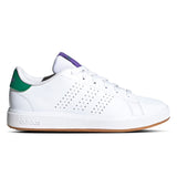 White Adidas sneaker with green and purple accents on a white background