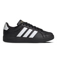Black Adidas sneaker with white stripes on a white background