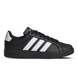 Black Adidas sneaker with white stripes on a white background