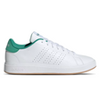 White Adidas sneaker with green accents on a white background