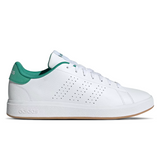 White Adidas sneaker with green accents on a white background
