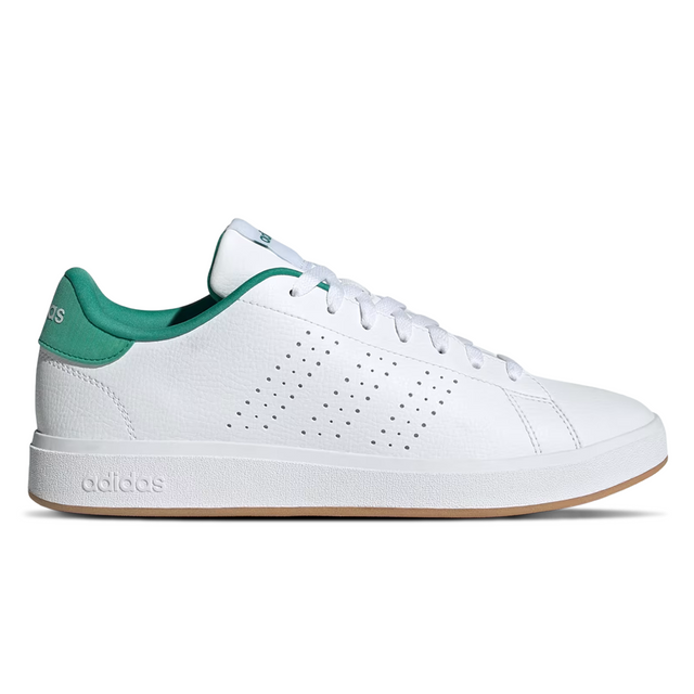 White Adidas sneaker with green accents on a white background
