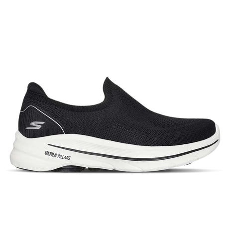Black slip-on sneaker with white sole on a white background