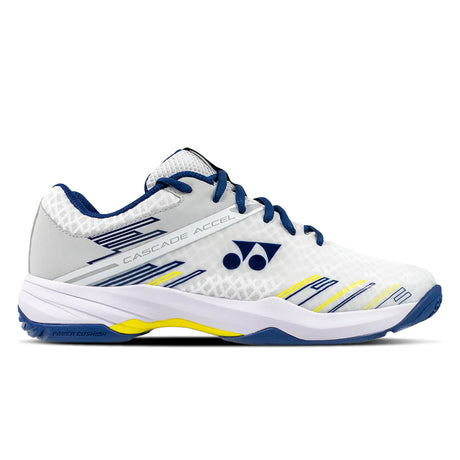 White sports shoe with blue and yellow accents on a white background
