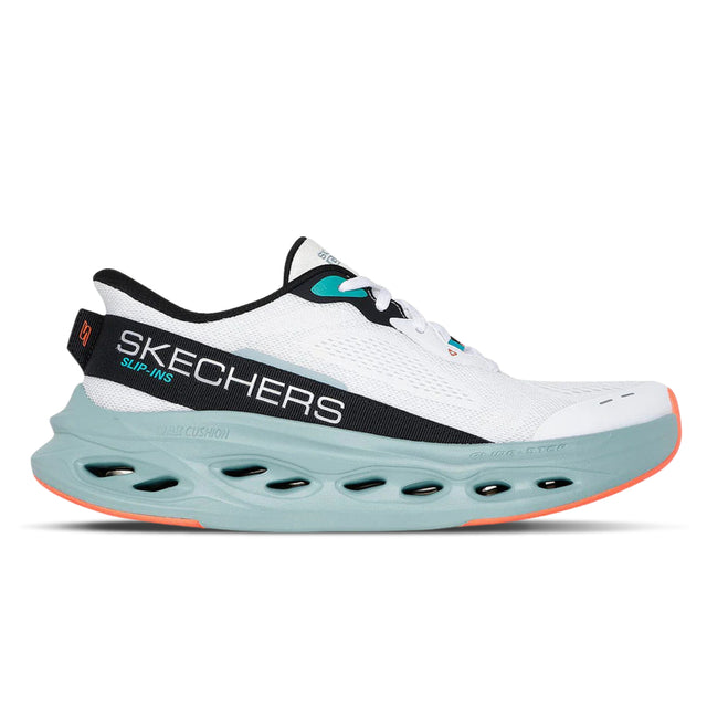White running shoe with black and orange accents on a white background
