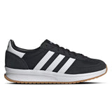 Black Adidas sneaker with white stripes on a white background