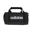 Black duffel bag with Adidas logo on a white background