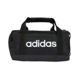 Black duffel bag with Adidas logo on a white background
