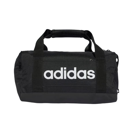 Black duffel bag with Adidas logo on a white background