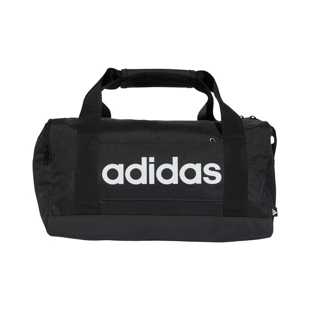 Black duffel bag with Adidas logo on a white background