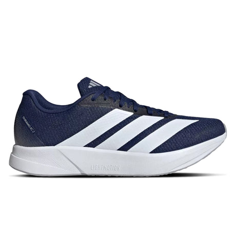Navy and white running shoe with Adidas logo on a white background