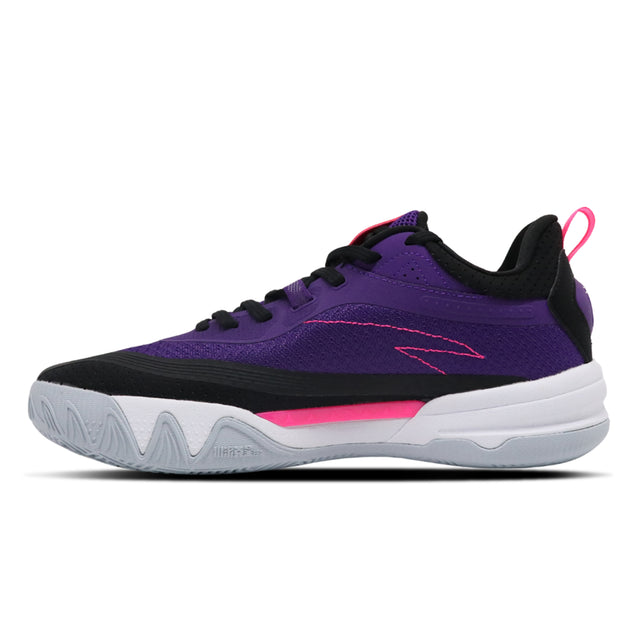 Purple and black sneaker with pink accents on a white background
