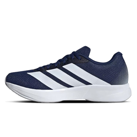 Navy running shoe with white stripes on a white background