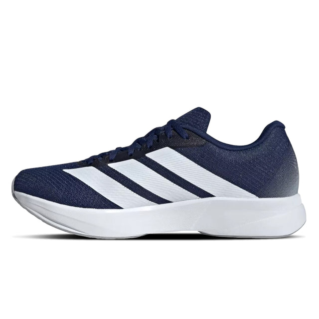 Navy running shoe with white stripes on a white background