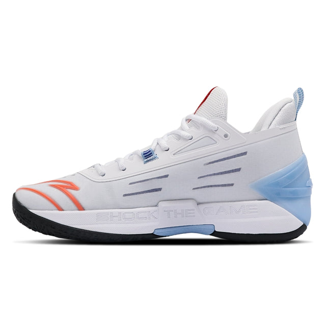 White basketball shoes with colorful accents on a white background
