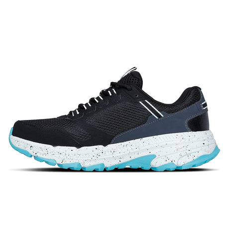 Black and blue running shoe with white sole on a white background