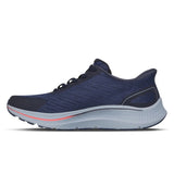 Blue running shoe with white sole on a white background