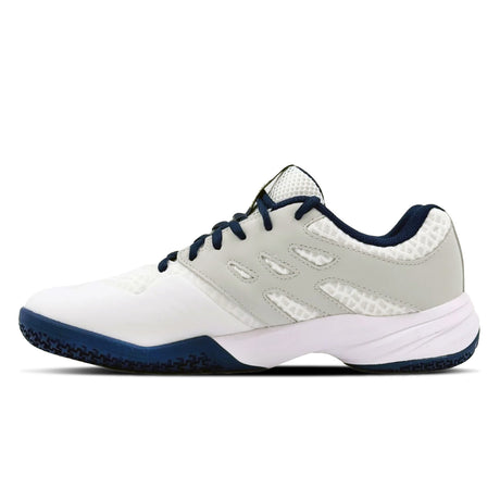 White and gray athletic shoe with blue accents on a white background