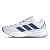 White running shoe with blue stripes on a white background
