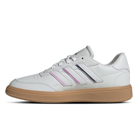 White sneaker with pink stripes and brown sole on a white background