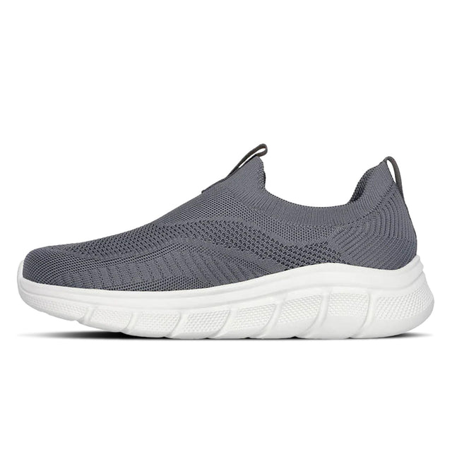Gray slip-on sneaker with white sole on a white background