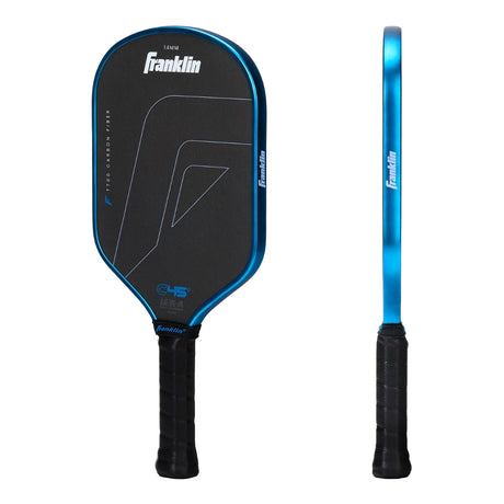 Black and blue pickleball paddle with Franklin branding on a white background