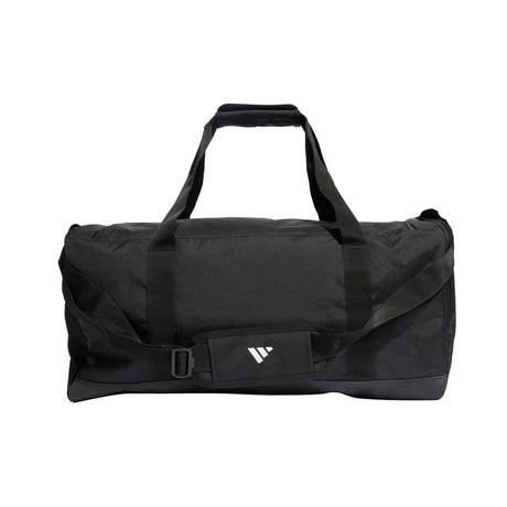 Black duffel bag with Adidas logo on a white background
