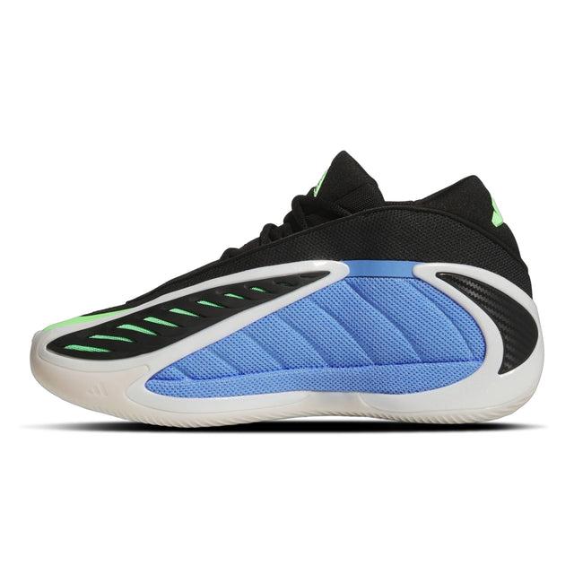 Black and blue athletic shoe with green accents on a white background