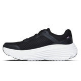 Black running shoe with white sole on a white background
